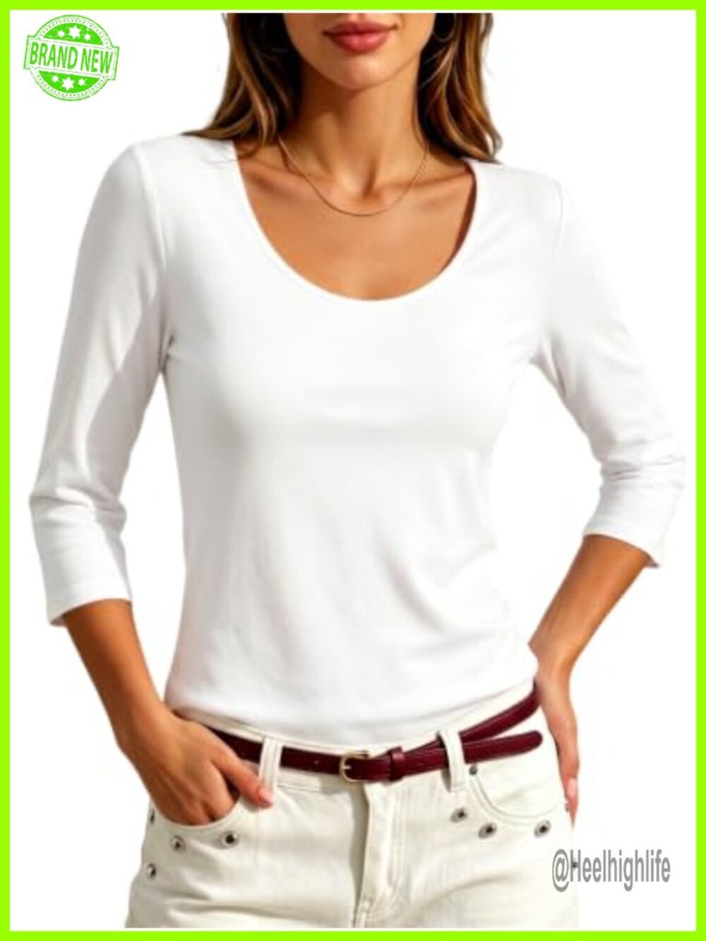 Women 3/4 Sleeve Scoop Neck Cotton Slim Fit Basic T-Shirt